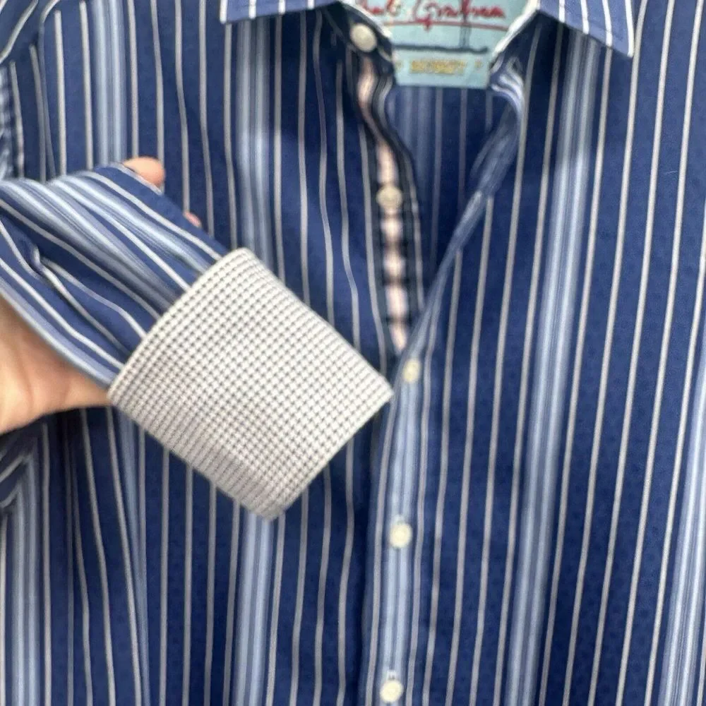 Robert Graham Old Money Size Medium Flip Cuff Blue Striped Button Up Shirt Top‎